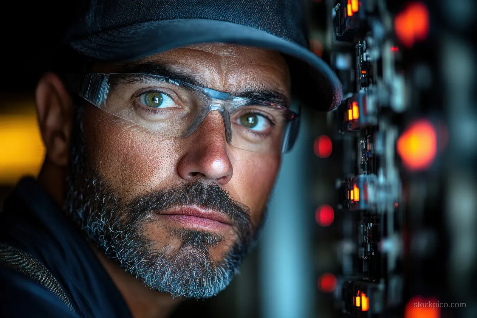 Electrician measures voltage with a multimeter at an industrial circuit breaker terminal amid blurred control panel lights.