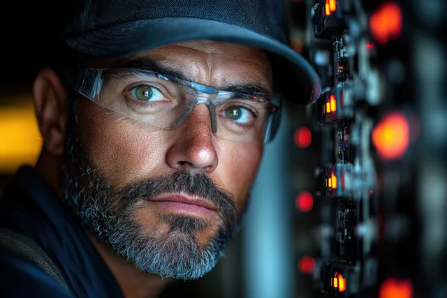 Electrician measures voltage with a multimeter at an industrial circuit breaker terminal amid blurred control panel lights.