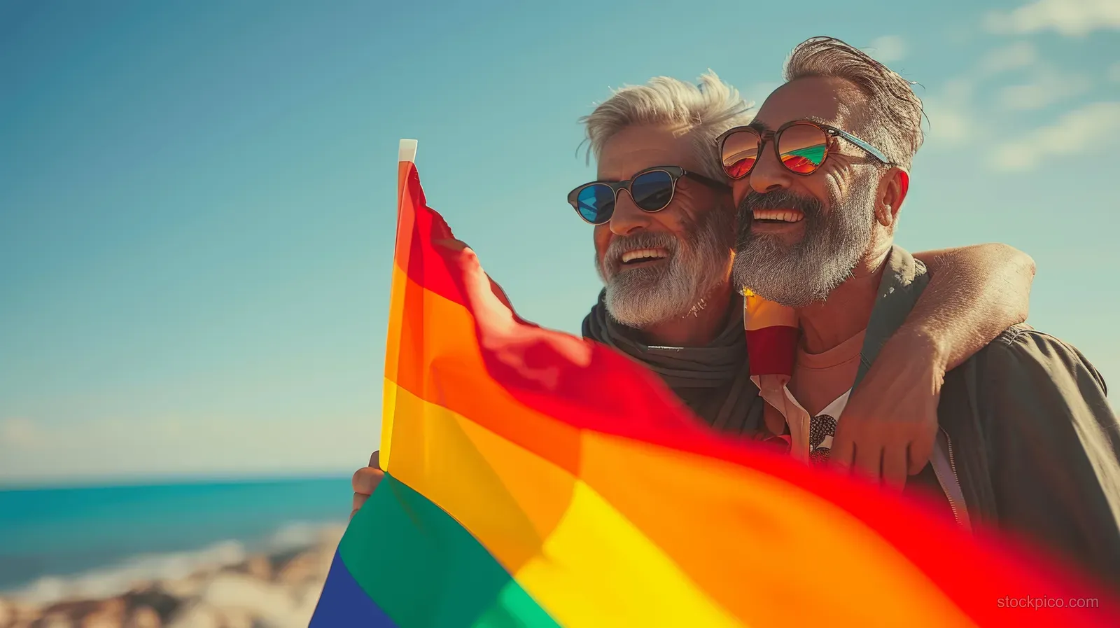 An elderly gay couple smiles and hugs on a sunny beach with a rainbow flag.