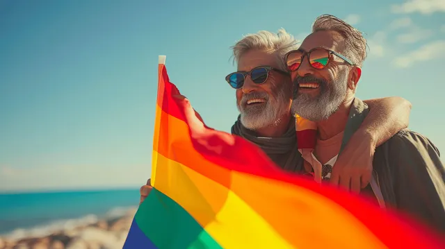 Joyful elderly gay couple celebrating Pride with rainbow flag on beach