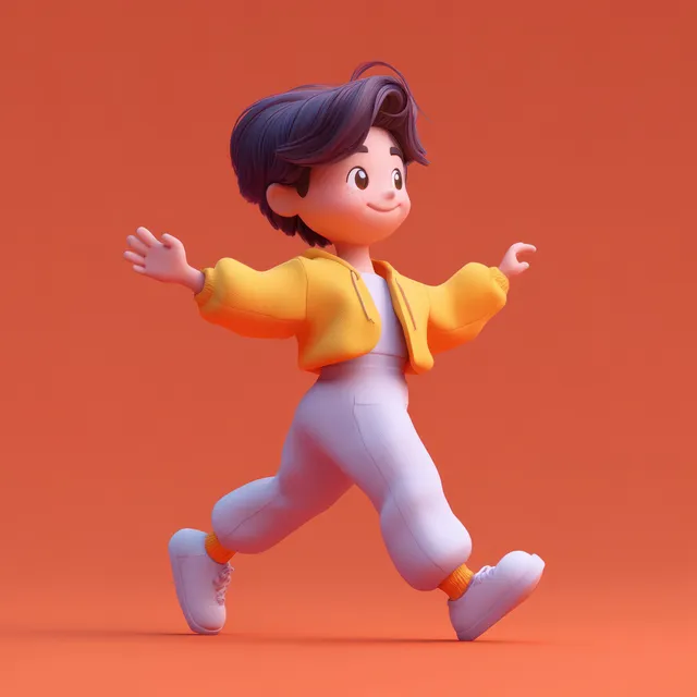 A cheerful kawaii cartoon girl in blue overalls dances playfully against a soft lilac background.