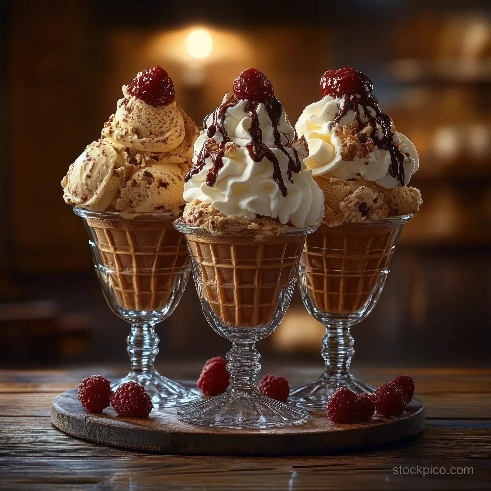 Three ice cream cones in glass cups on a wooden tray, topped with whipped cream, chocolate drizzle, and raspberries.