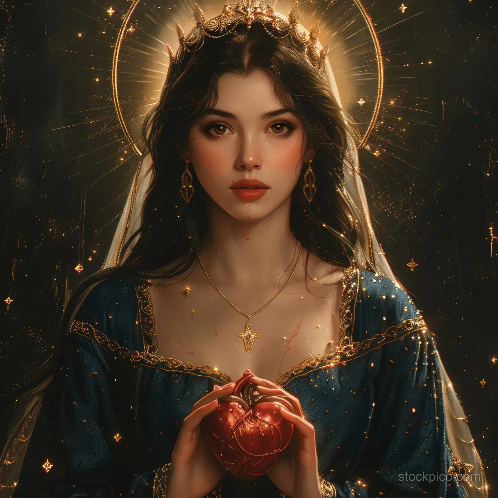 Virgin Mary in a blue dress holds a glowing Sacred Heart while a gold halo and stars glow behind her.