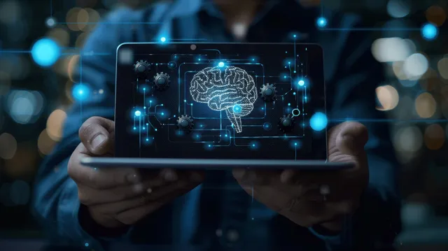 Businessman holding tablet showing glowing AI brain and chatbot interface icons