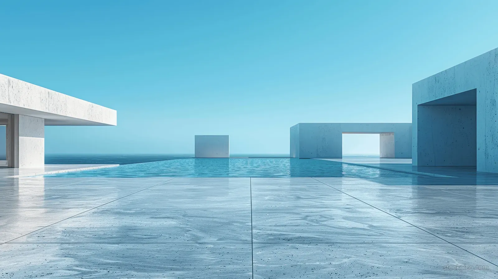 Minimalist concrete plaza with reflective tiles and white cube buildings visible along the horizon under a clear blue sky.