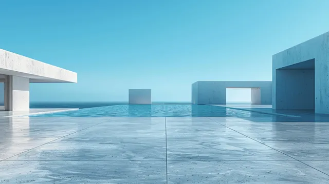 Minimalist concrete plaza with reflective tiles and white cube buildings visible along the horizon under a clear blue sky.