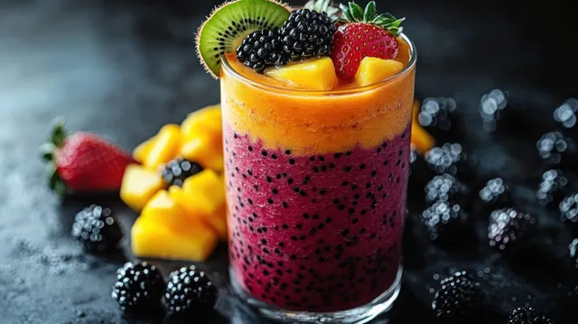 Layered fruit smoothie in a clear glass topped with blackberries, strawberry, kiwi, and mango on a dark background.