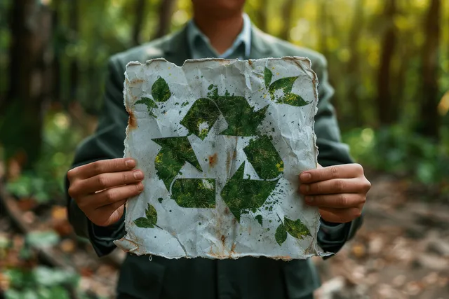 Businessman holding a recycle symbol sign in a forest path with sunlight