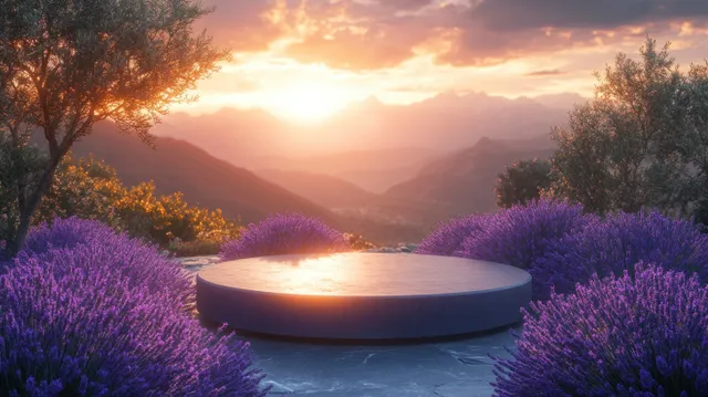 A circular lavender podium glows on a scenic sunset valley with blooming purple fields and mountains.