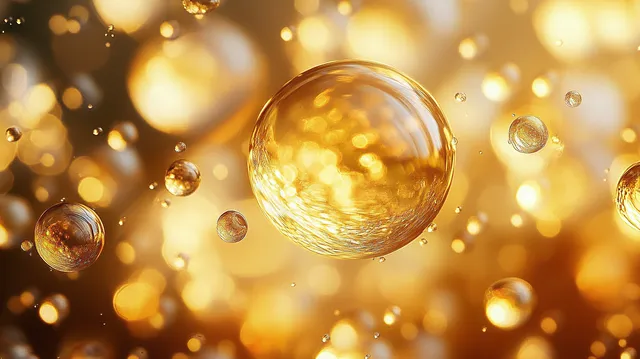 Close-up golden translucent bubbles floating in warm glowing bokeh light