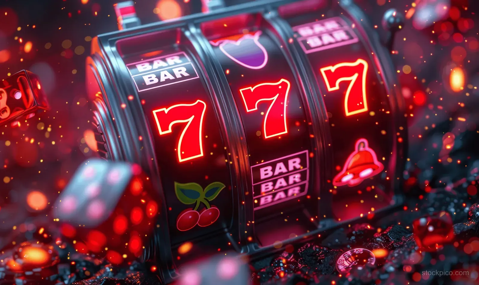 A neon slot machine spins glowing 777 symbols with casino lights and confetti filling the dark background.