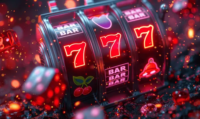 Neon slot machine jackpot with glowing 777 reels and casino lights in a dark scene