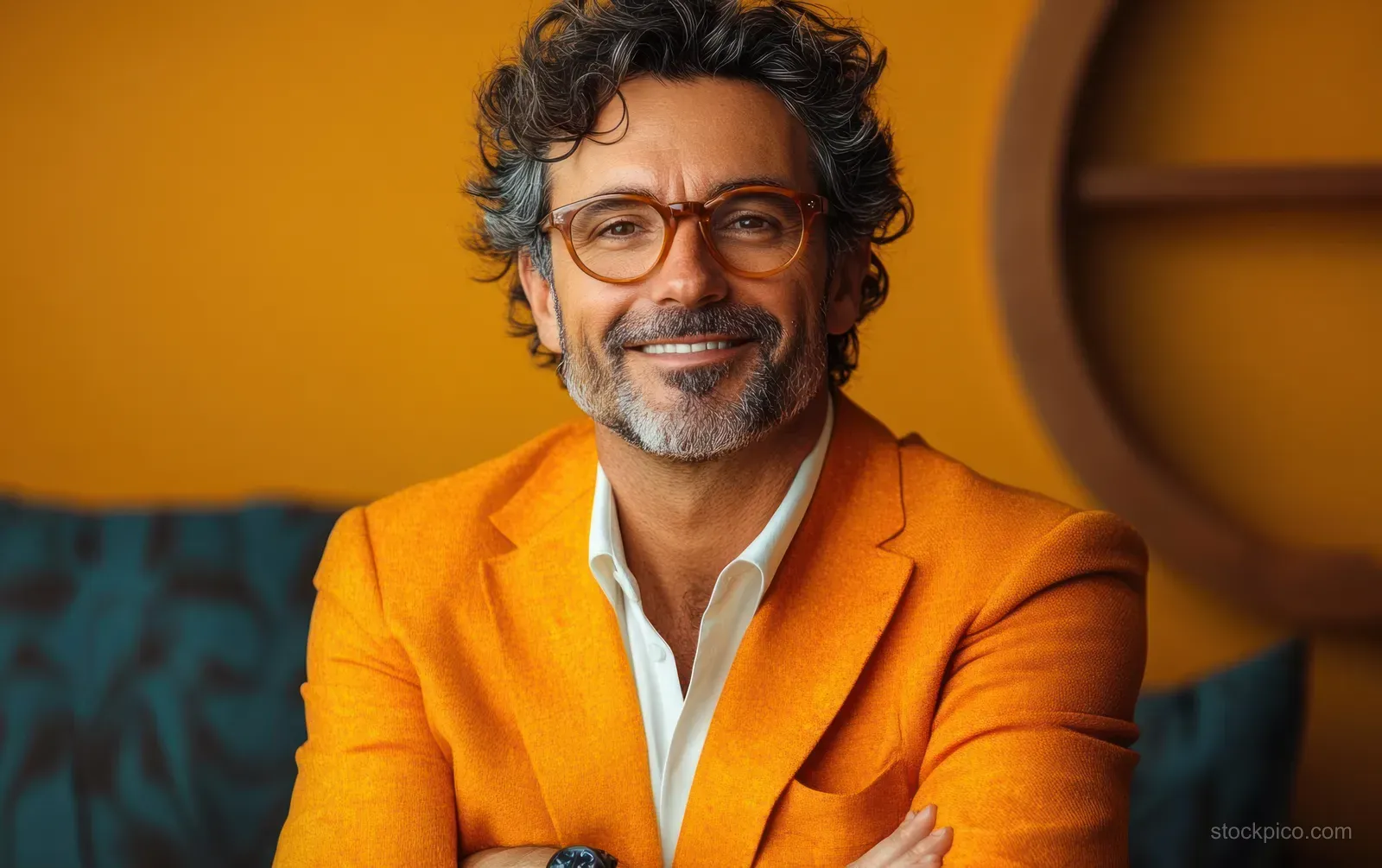 A smiling mature man in an orange blazer and glasses sits indoors against a warm blurred background.