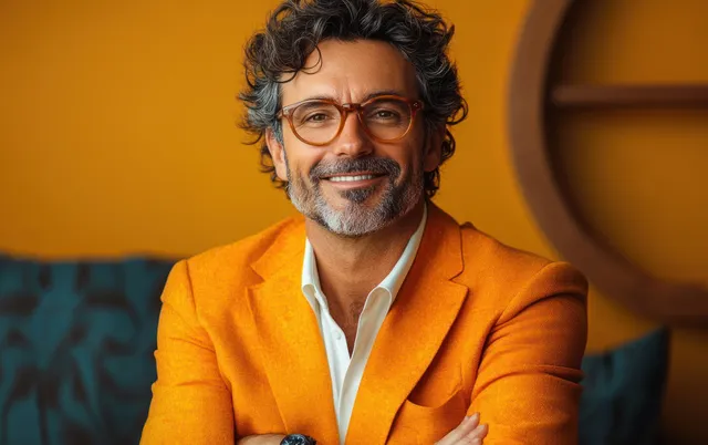Smiling mature man in orange blazer with curly gray hair and glasses posing indoors warmly lit