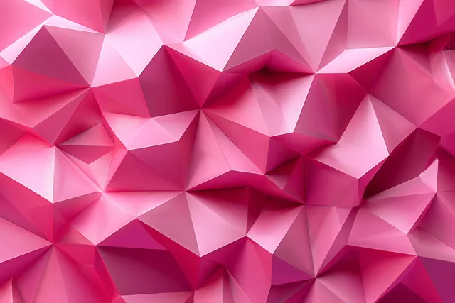 Pink geometric abstract fantasy wall with 3D faceted triangles and glowing shadows