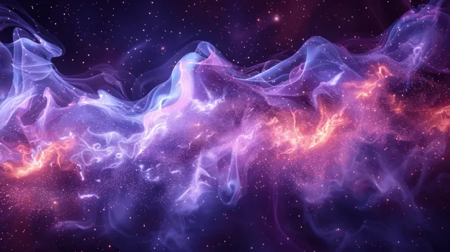 Abstract purple and blue waves swirl across a star-filled space background with glowing light dots.
