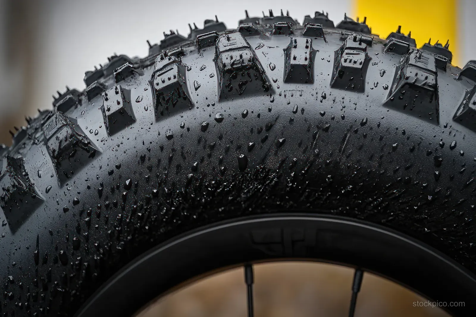Close-up of a wet black off-road tire showing knobby tread blocks and scattered water droplets on rubber surface.