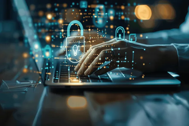 Businesswoman typing on laptop with glowing virtual locks and cyber shields in office light