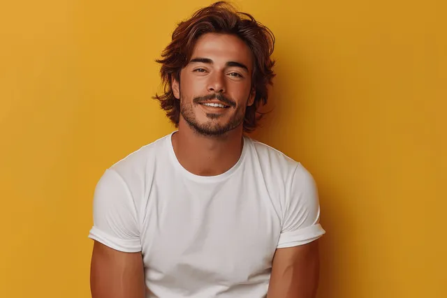 Smiling young man in white t-shirt posing against solid yellow studio background copy space