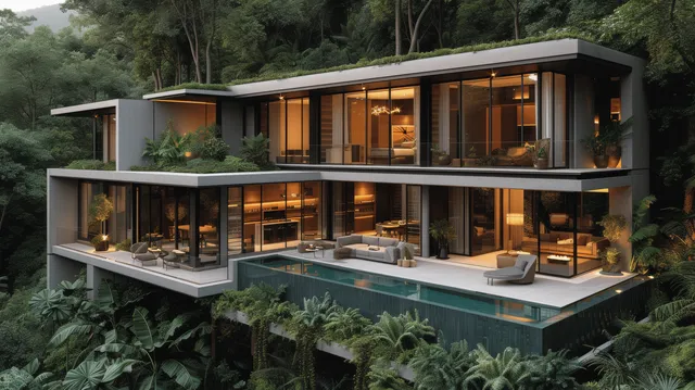 Cubic villa with infinity pool overlooking a sunset-lit tropical forest from a terrace deck.