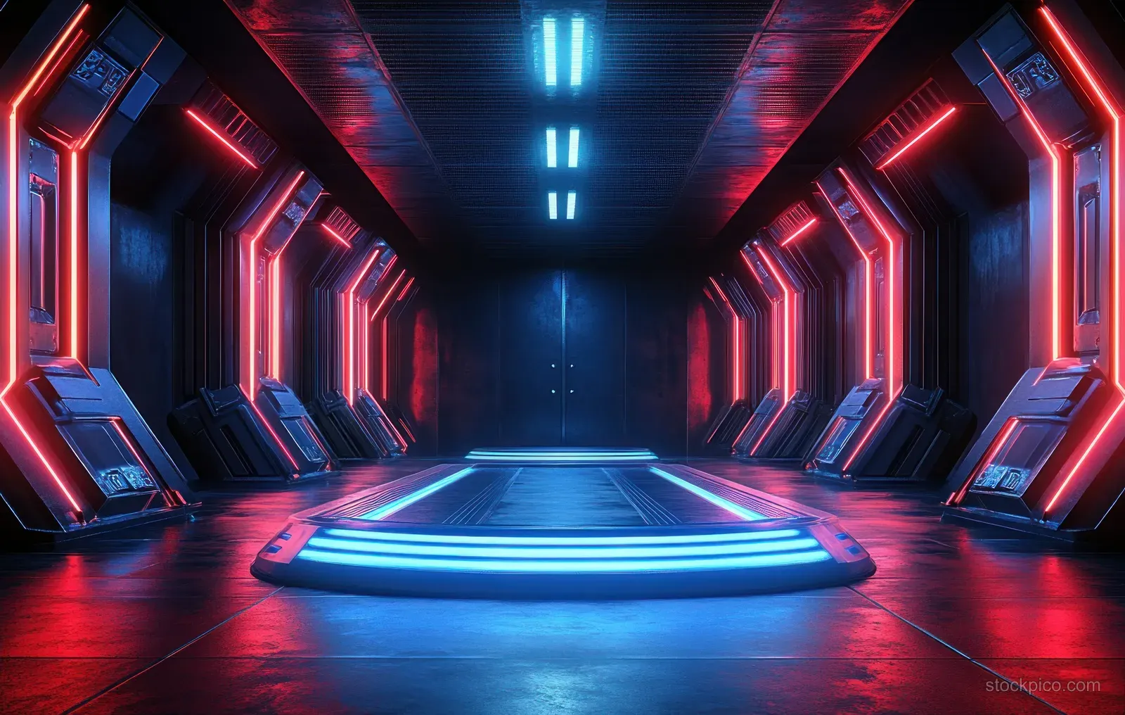 Neon-lit cyberpunk corridor with metallic walls and a glowing circular platform centered in the scene.