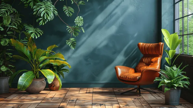 Leather armchair near a window in a dark blue room with potted plants along the wooden floor.