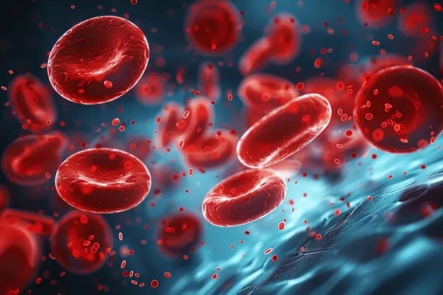 Red blood cells float along blue vein channels in a microscope-style scientific illustration with glowing particles.