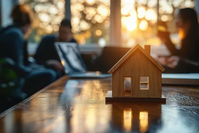 Mini wooden house model on a reflective wooden table with warm sunlight and blurred people meeting behind it.