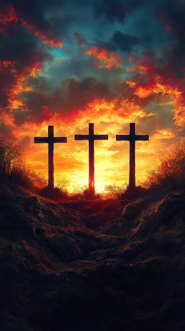 Three wooden crosses in silhouette on a rocky hillside against a fiery sunset sky with dark clouds.