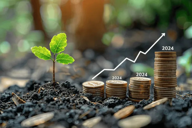 Green seedling sprouts from coins beside a rising 2024 growth graph on soil