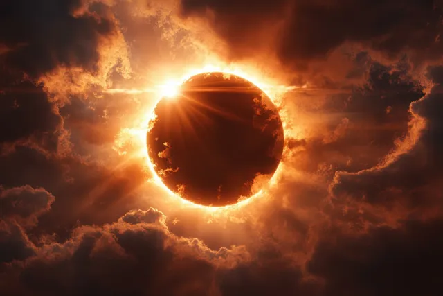 A fiery halo solar eclipse forms a glowing ring through dark clouds with radiant light rays.