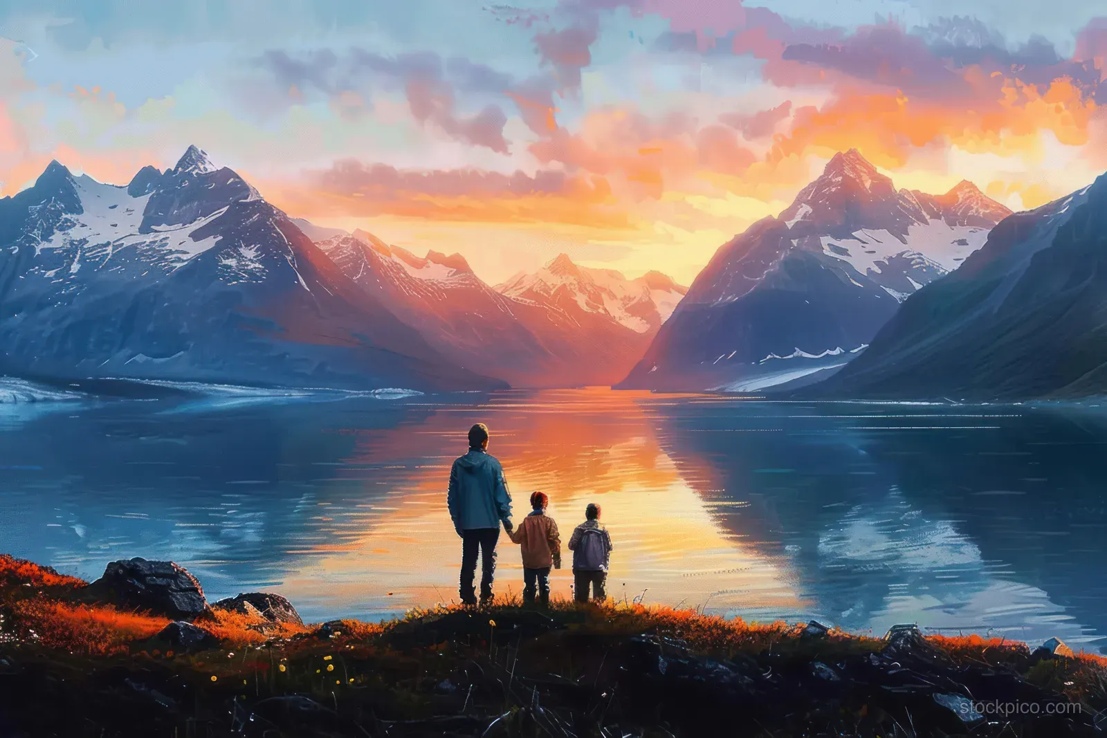 Three hikers stand on a rocky lakeshore as sunset colors reflect across a calm lake toward snow-capped mountains.