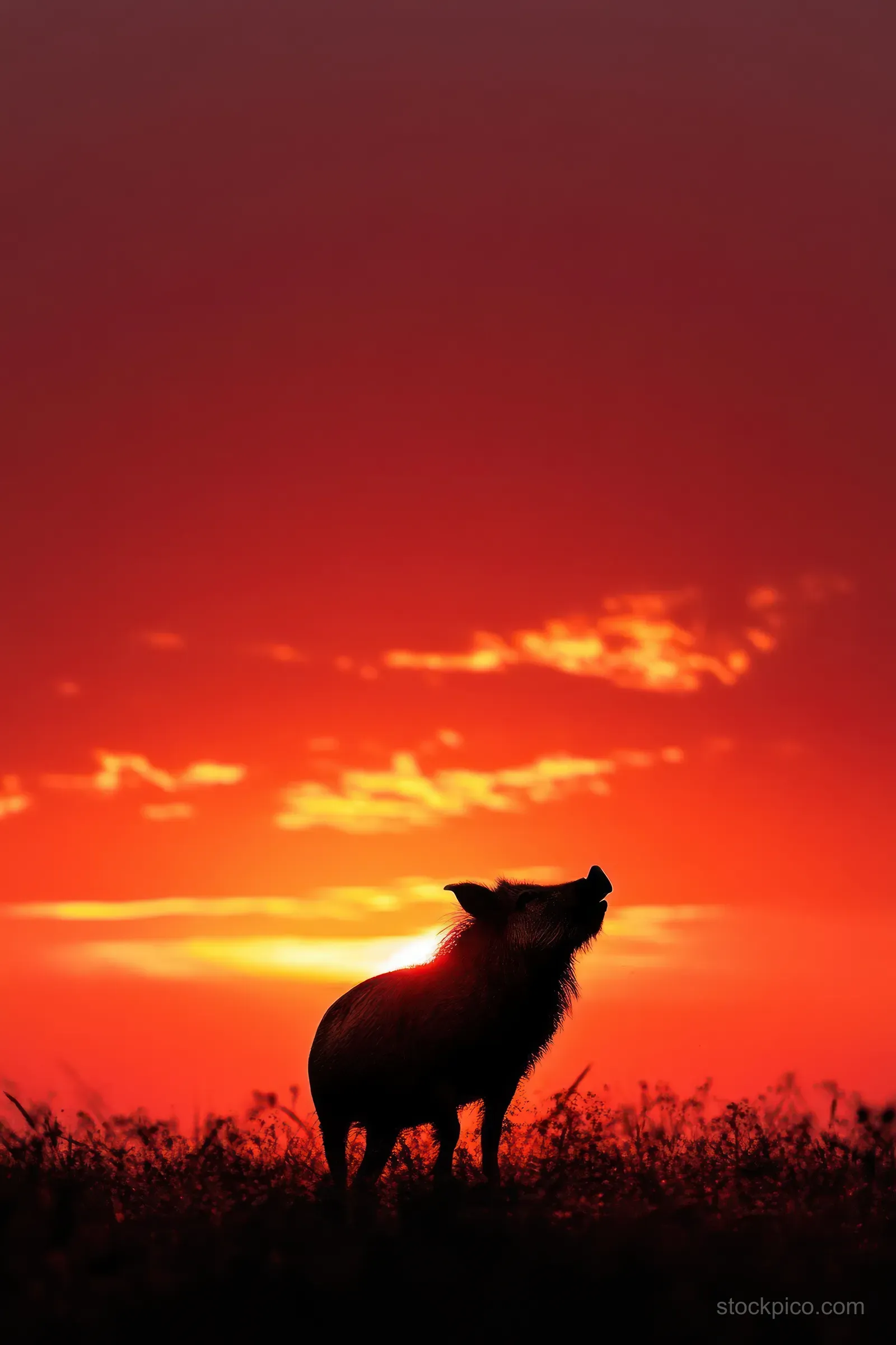 Silhouette of a wild boar standing at sunrise with a fiery orange and red sky and distant mountain.