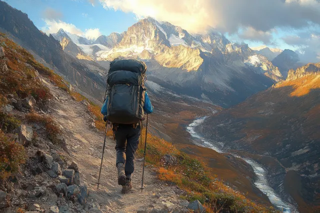 Lone hiker trekking uphill on rocky mountain trail, overlooking river valley and snow peaks