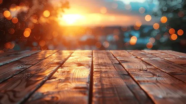 Sunset bokeh over a weathered wooden table, warm light reflecting across the grain