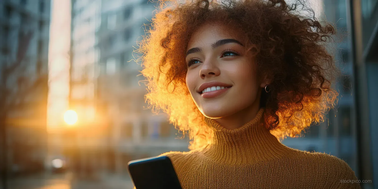Curly-haired woman holding a smartphone while walking on a city street in golden hour light.