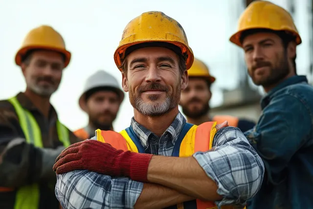 Construction crew members in safety helmets and vests posing at a blurred worksite background