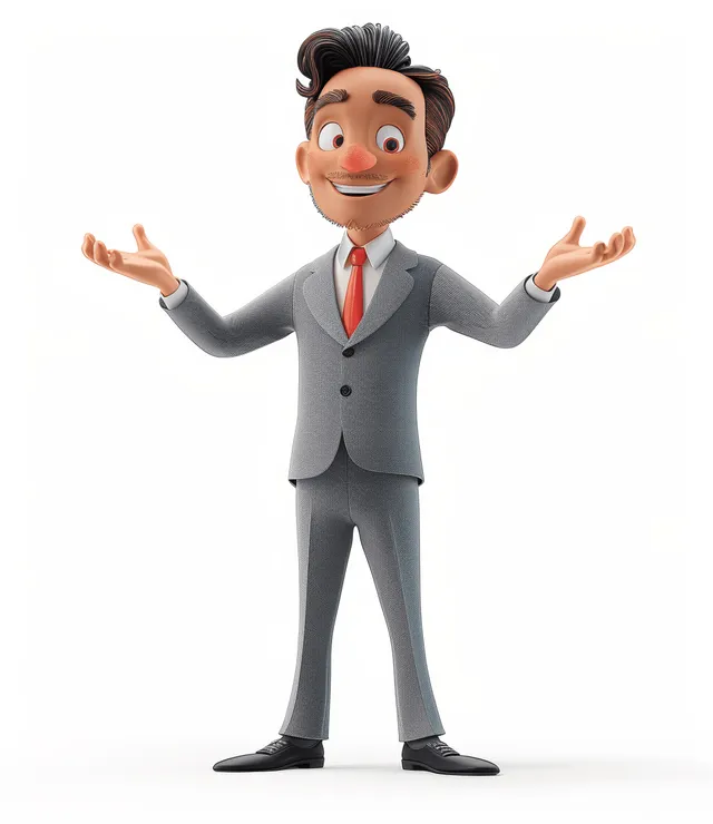 Smiling 3D businessman in a suit gestures with both open hands against a white background.