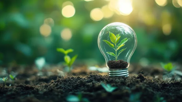 Young green plant sprouts inside a glass light bulb standing in soil with soft sunlight and blurred greenery.
