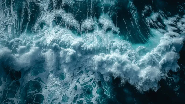 Aerial view of ocean waves with white foam forming swirling patterns over dark blue and turquoise water.