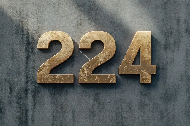 Gold metallic number 224 mounted on a textured concrete wall with natural light and sharp shadows.