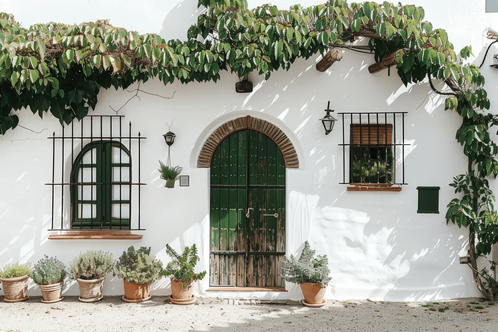 White stucco villa wall with an arched green door, terracotta pots, and hanging vines above the entrance.