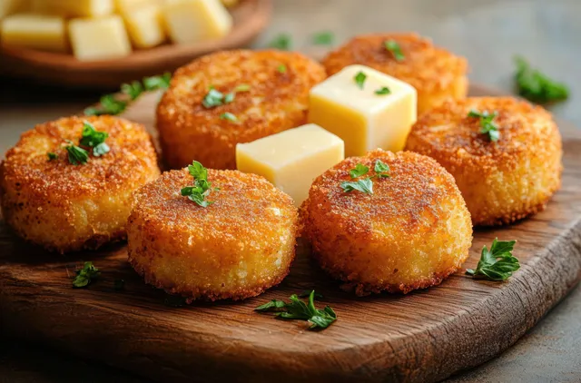 Crispy golden fried cheese rounds on rustic board with butter cubes and green herb garnish