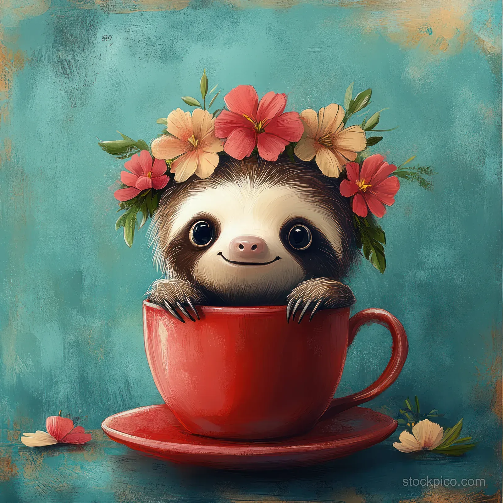 A sloth wearing a tropical flower crown peeks from a red teacup on a teal textured background.