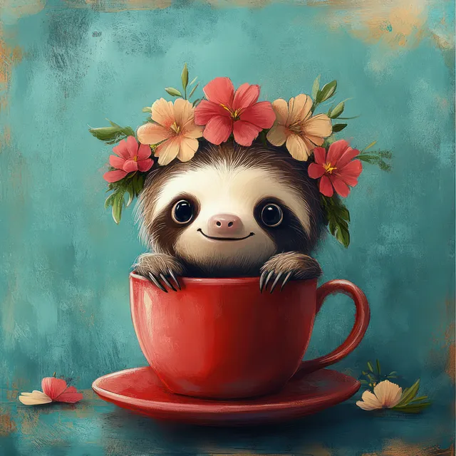 A sloth wearing a tropical flower crown peeks from a red teacup on a teal textured background.