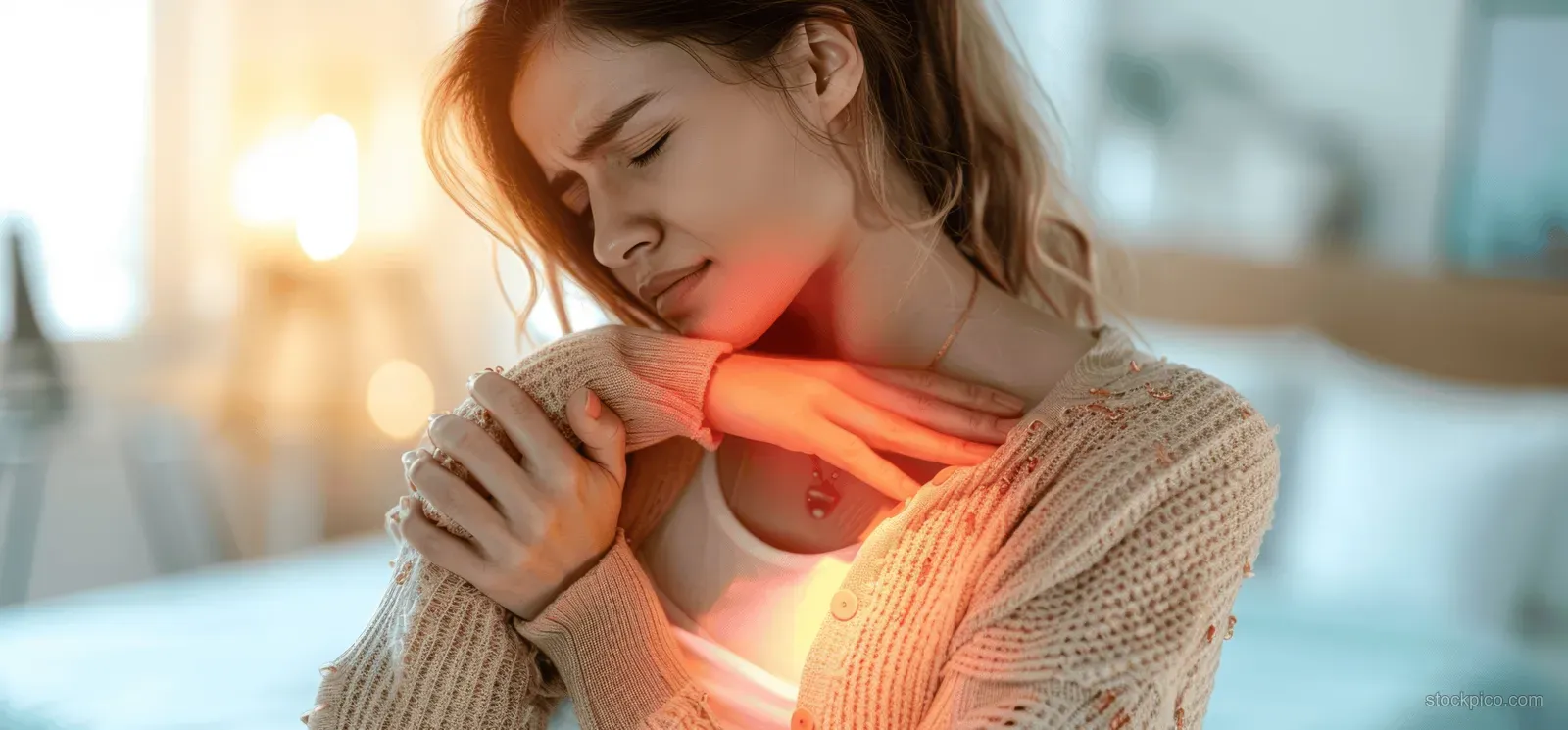 Young woman holding her neck with a red pain highlight while sitting on a couch indoors.