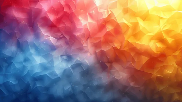 Abstract faceted background with blue, purple, red, and orange polygon shapes.