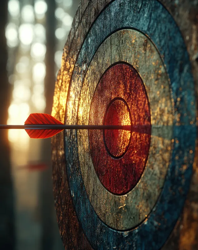 Bullseye archery target with red arrows hitting center under warm sunset light