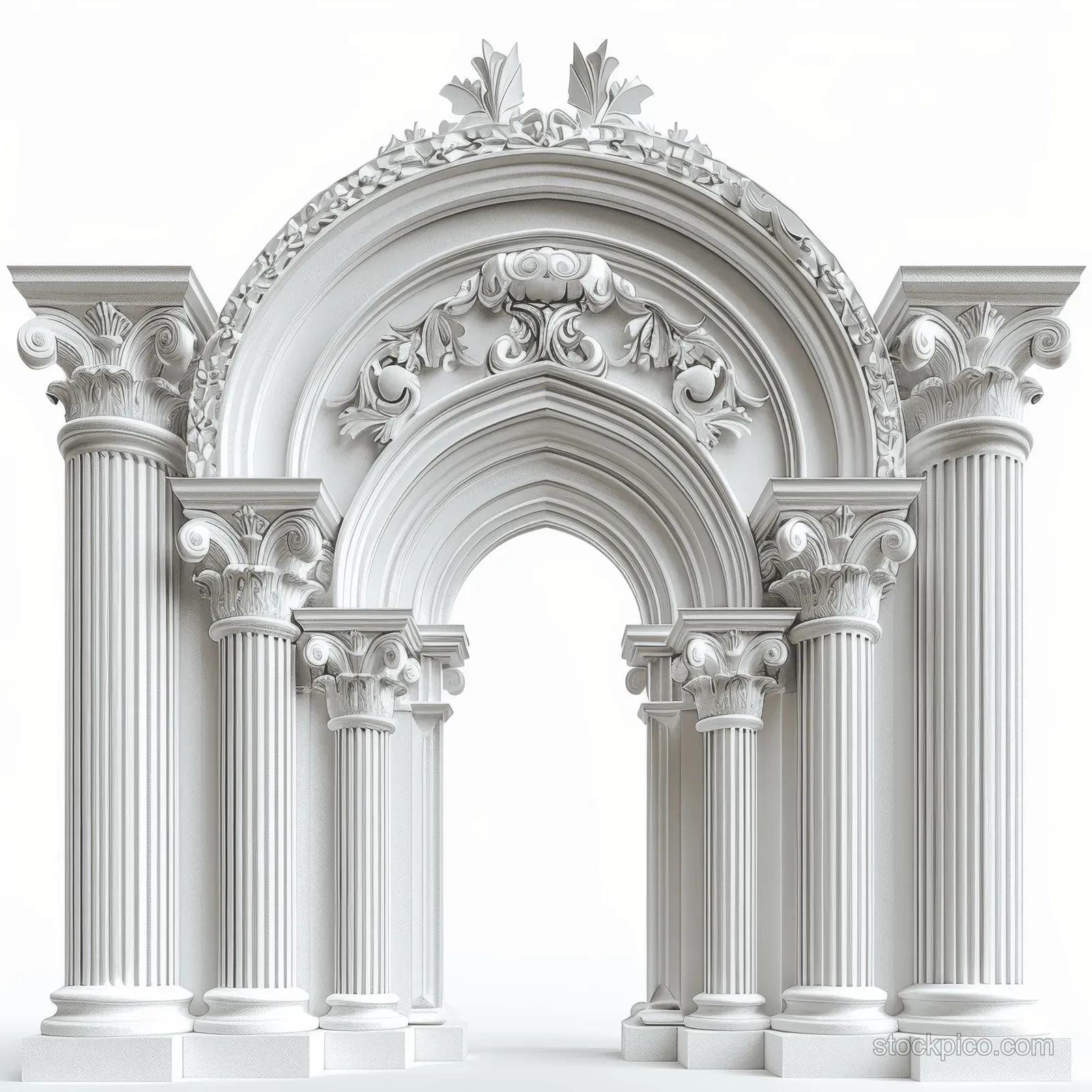 Centered white arch with ornate relief and fluted columns on a pale isolated vintage background.