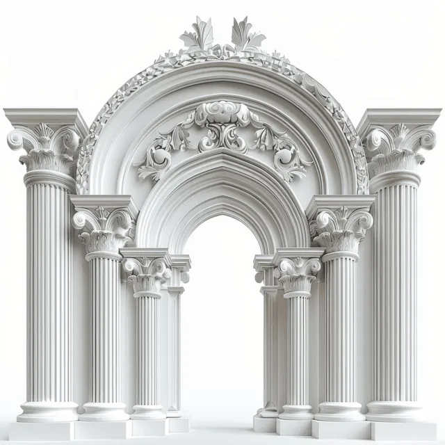 Centered white arch with ornate relief and fluted columns on a pale isolated vintage background.